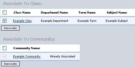 image shows an example list of associated classes and communities, and links to associate more