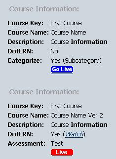 image shows course revisions with indication to which one is live