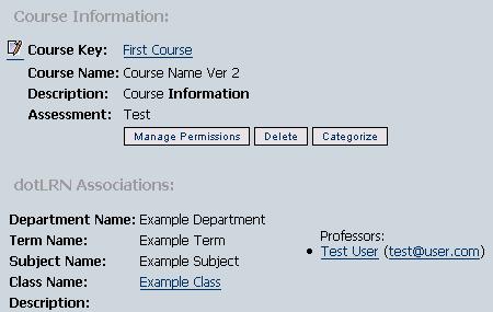 image shows course information window with example details, including links to Manage permissions, Delete, Categorize