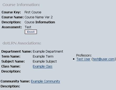 image shows example Course information and dotLRN Associations for First Course